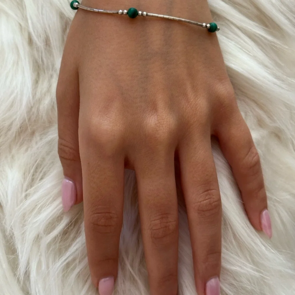 Elegant 925 sterling Silver Bead Bracelet Malachite